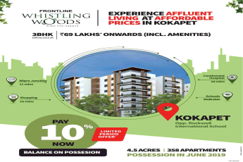 Pay only 10% now and balance on possession at Frontline Whistling Woods in Hyderabad